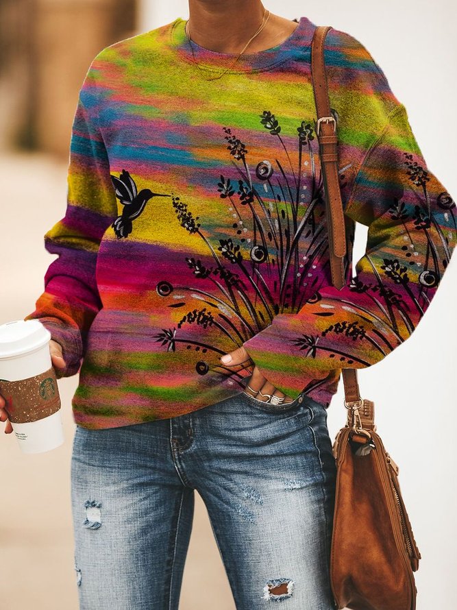 Long Sleeve Casual Cotton-Blend Women's bird Print Sweatshirt
