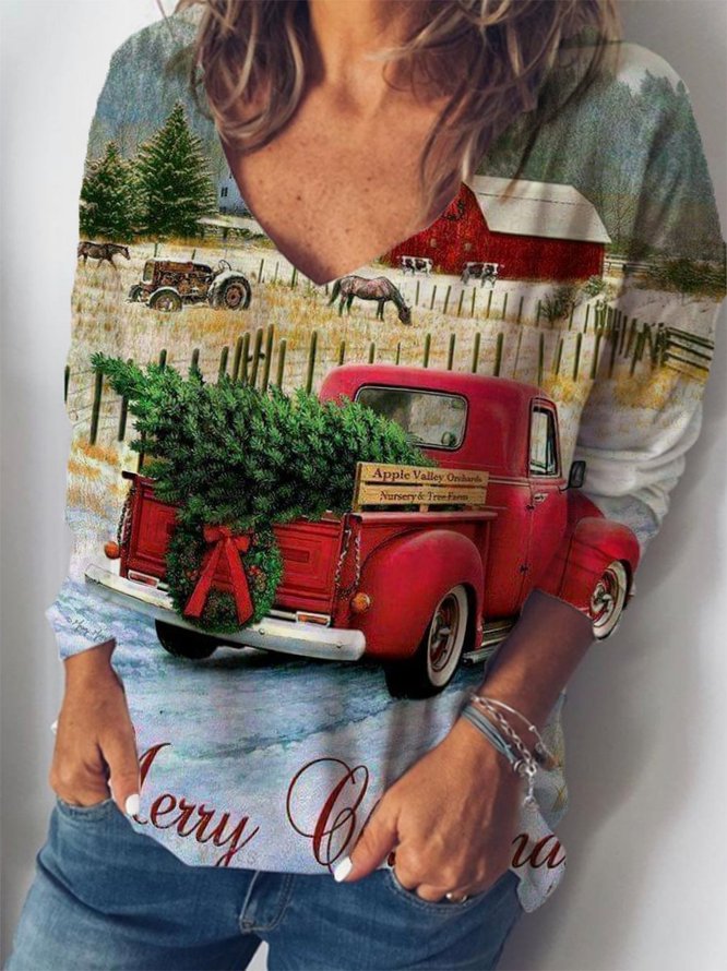 Women Merry Christmas Truck And Tree Print V Neck Tshirt Top