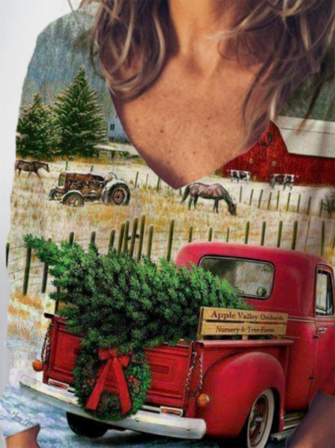 Women Merry Christmas Truck And Tree Print V Neck Tshirt Top