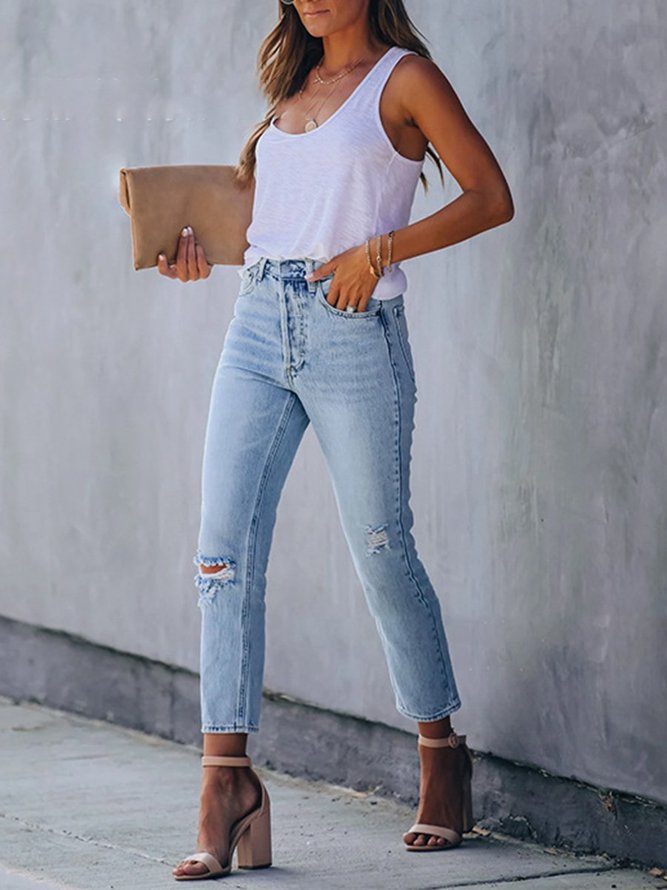 High Waist Ripped Slim Fit All-match Cropped Jeans | lilicloth