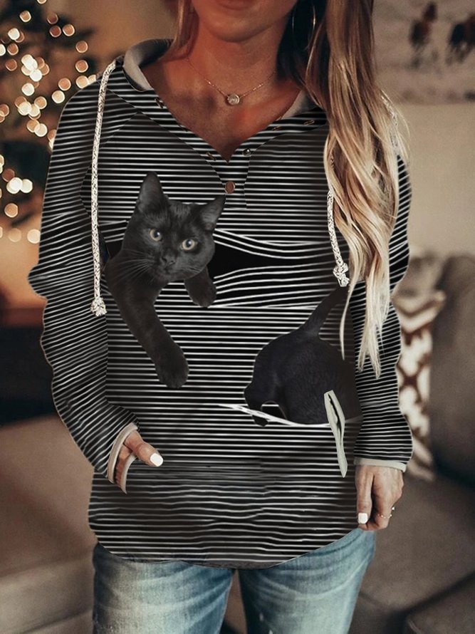Black Cat Print Striped Women Hoodie Sweatshirt