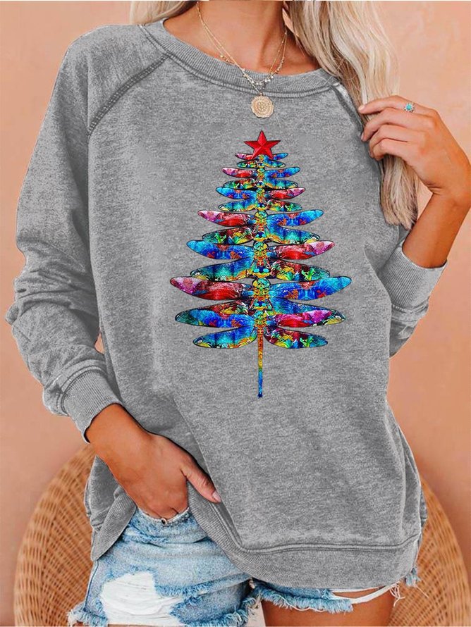 Women's Dragonfly Christmas Tree Print Sweatshirts | lilicloth