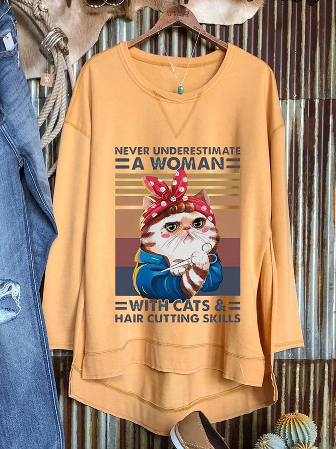 Never Underestimate A Woman With Cats Hair Cutting Skills Graphic Slit Sweatshirt