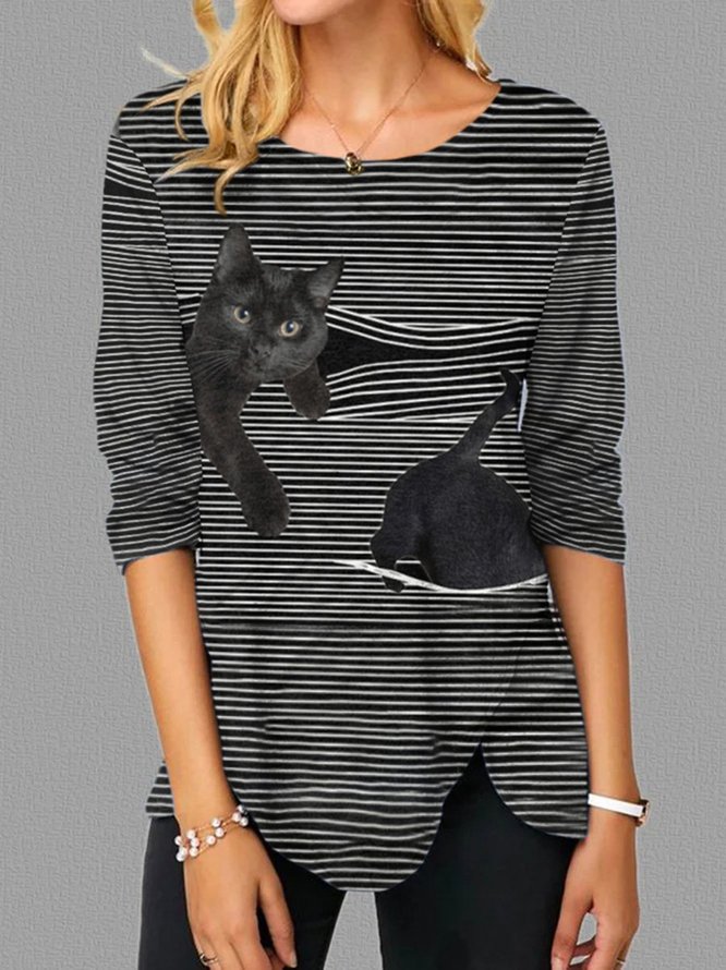 Women's Black Cat Printed Striped Crew Neck T-shirt