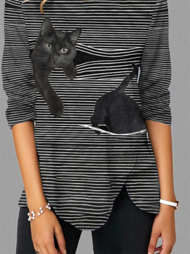 Women's Black Cat Printed Striped Crew Neck T-shirt
