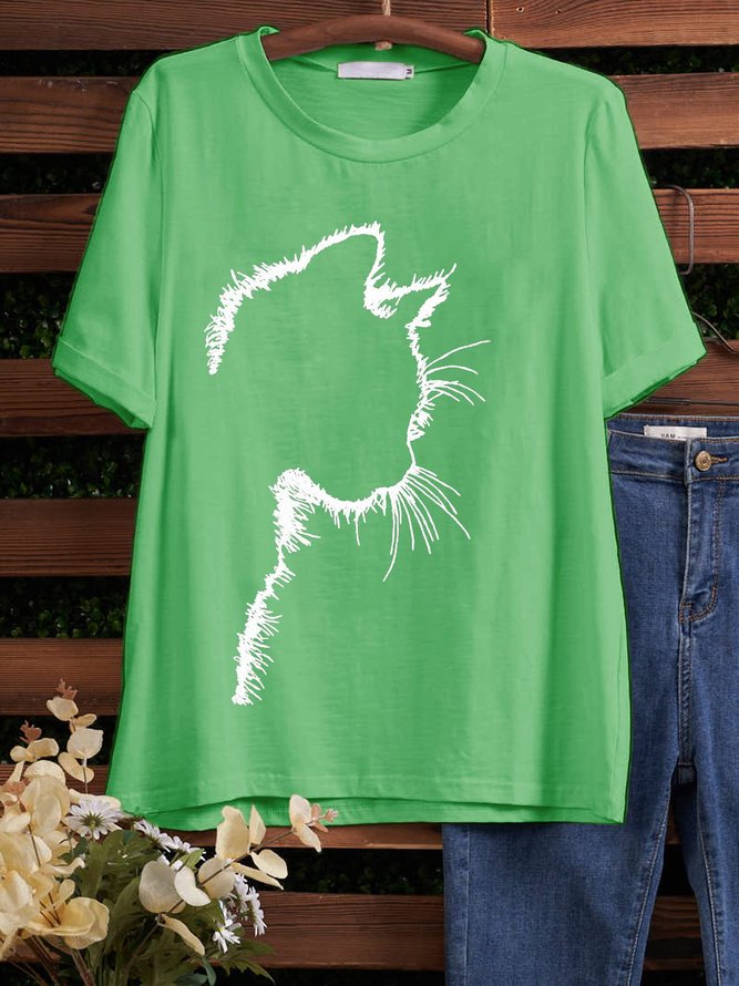 Crew Neck Casual Cat print Shirt & Top