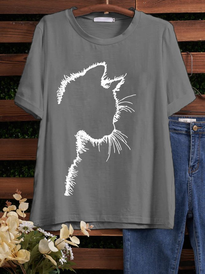 Crew Neck Casual Cat print Shirt & Top