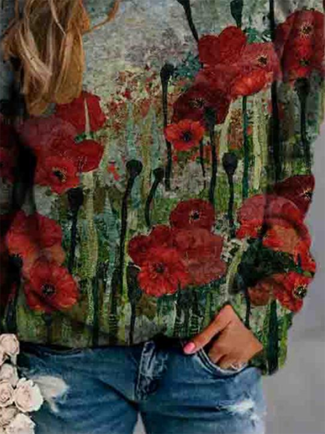 Women Flower Print Crew Neck Sweatshirt Top