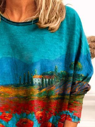 Long Sleeve Flower oil painting printing Shirt & Top