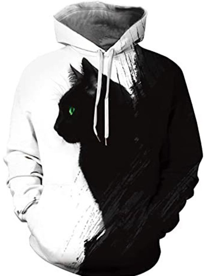 Men Black Cat Side 3D Print Hooded Sweatshirt