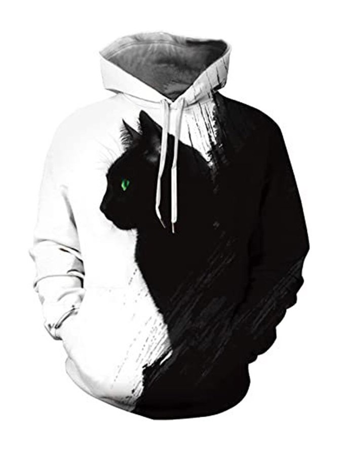 Men Black Cat Side 3D Print Hooded Sweatshirt