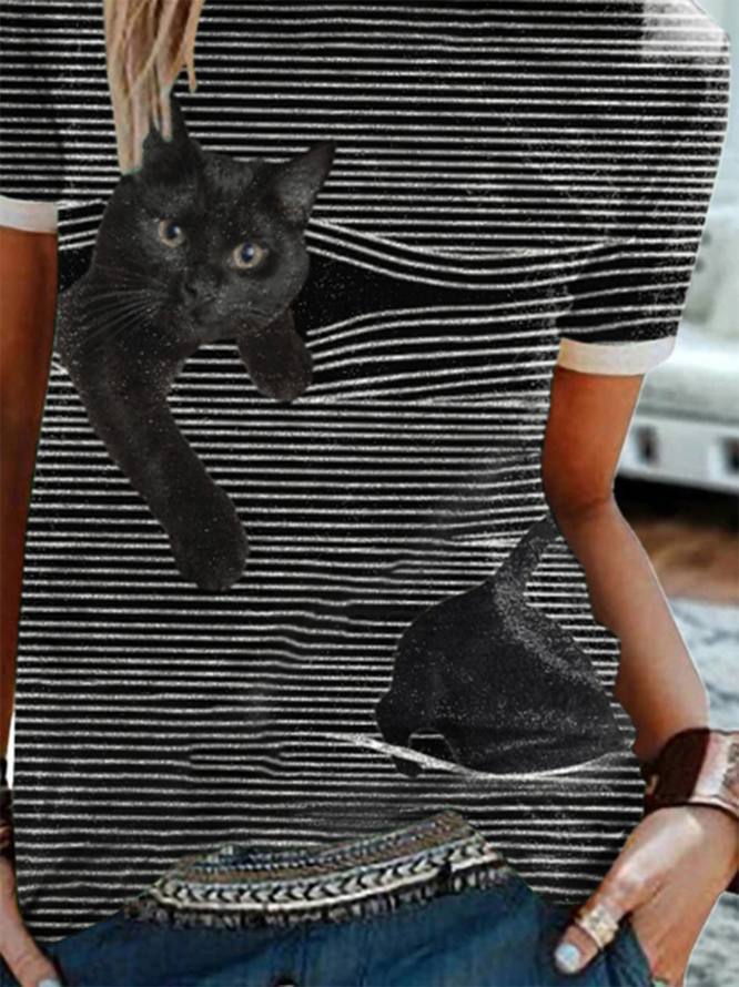 Black Cat Print T Shirt Cute Striped Cat Tee Women Ringer T-shirt