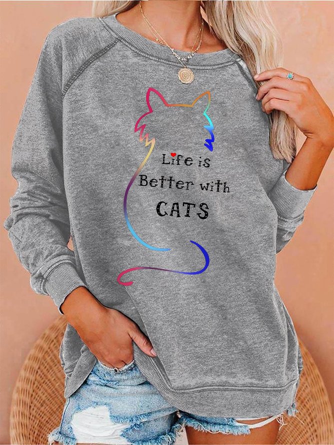 Life Is Better With Cats Graphic Long Sleeve Sweatshirts