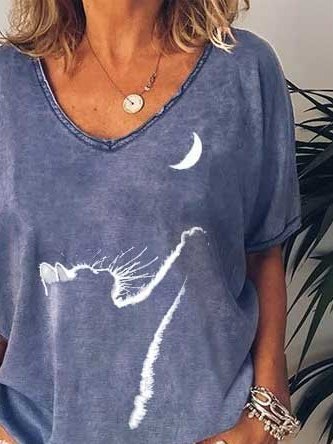 Cat And Moon V Neck Long Sleeve Cotton-Blend Shirt