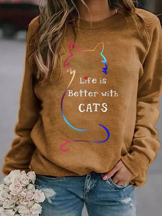 Cat Graphic Long Sleeve Crew Neck Loose Sweatshirt
