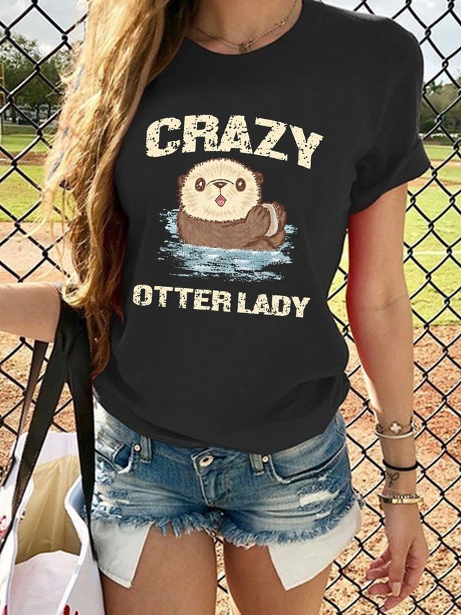 Crazy Otter Lady Graphic Crew Neck Short Sleeve Tee