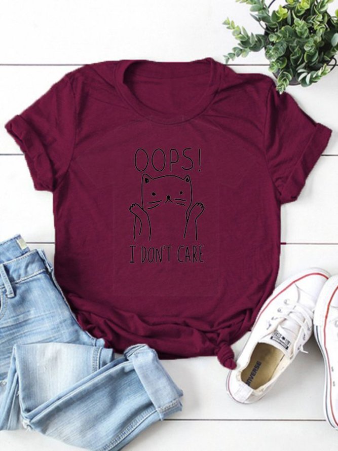OOPS Cat Graphic Short Sleeve Round Neck Tee