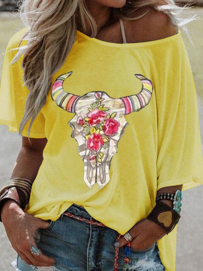 OX-Head&Cow Head Scoop Neckline Casual Short Sleeve Cotton-Blend Woman's T-Shirts & Tops