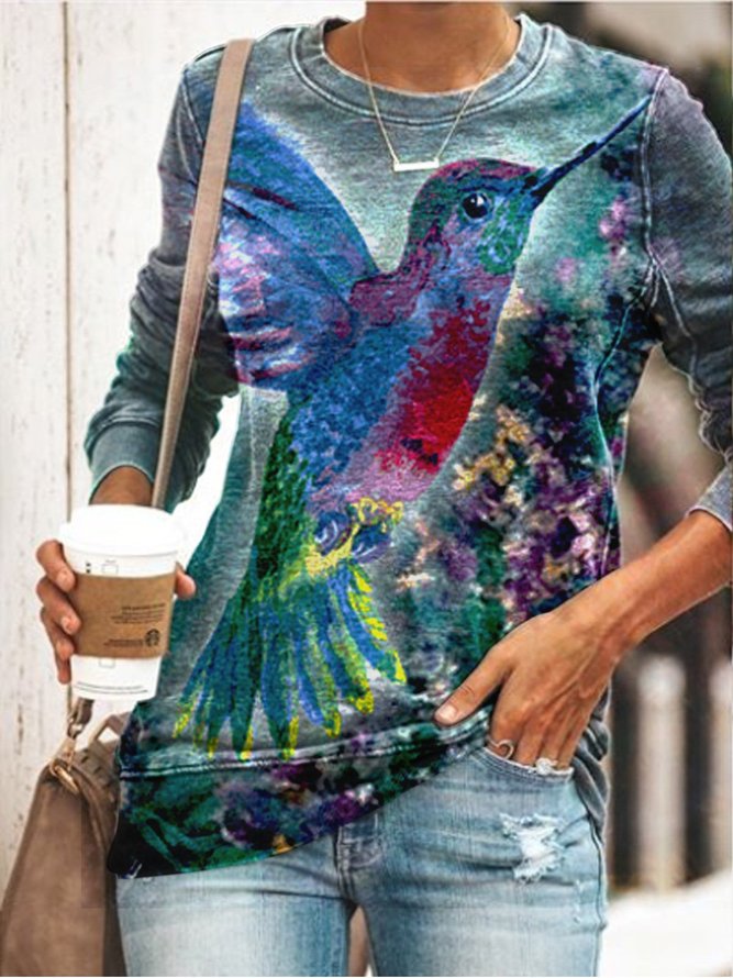 Hummingbird Long Sleeve Cotton-Blend Crew Neck Casual Woman's T-Shirts & Tops