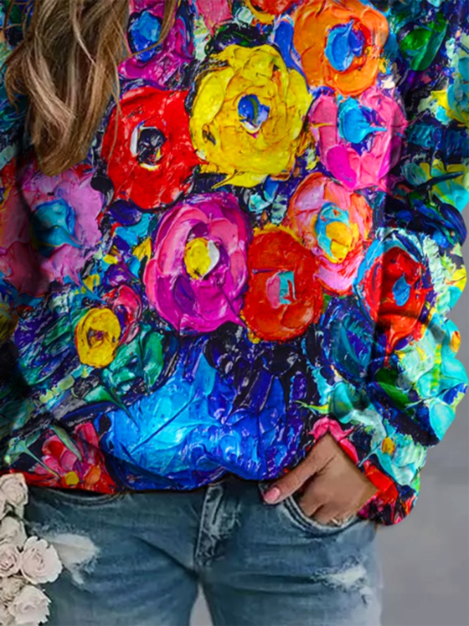 Flower Oil Painting Print Sweatshirt