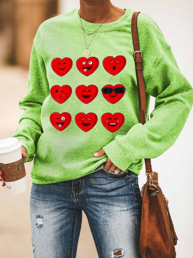 Red Hearts Valentine’s Day Long Sleeve Cotton-Blend Crew Neck Woman Shirts & Tops