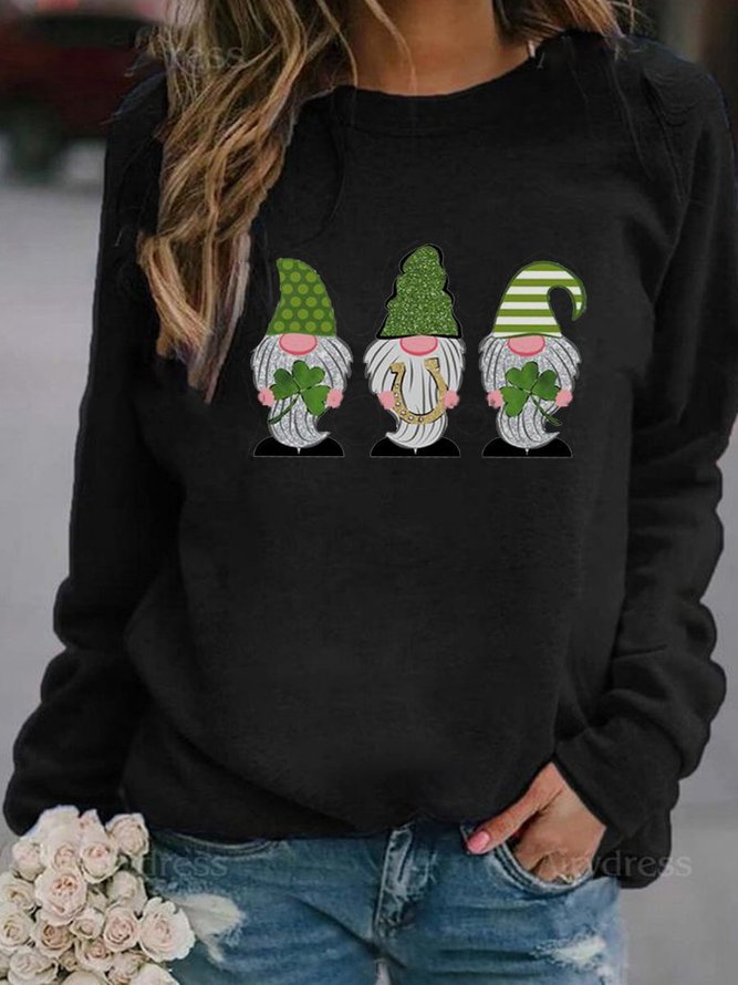 St Patricks Day Gnome Casual Cotton-Blend Crew-Neck Shift long Sleeve Woman's Shirts & Tops