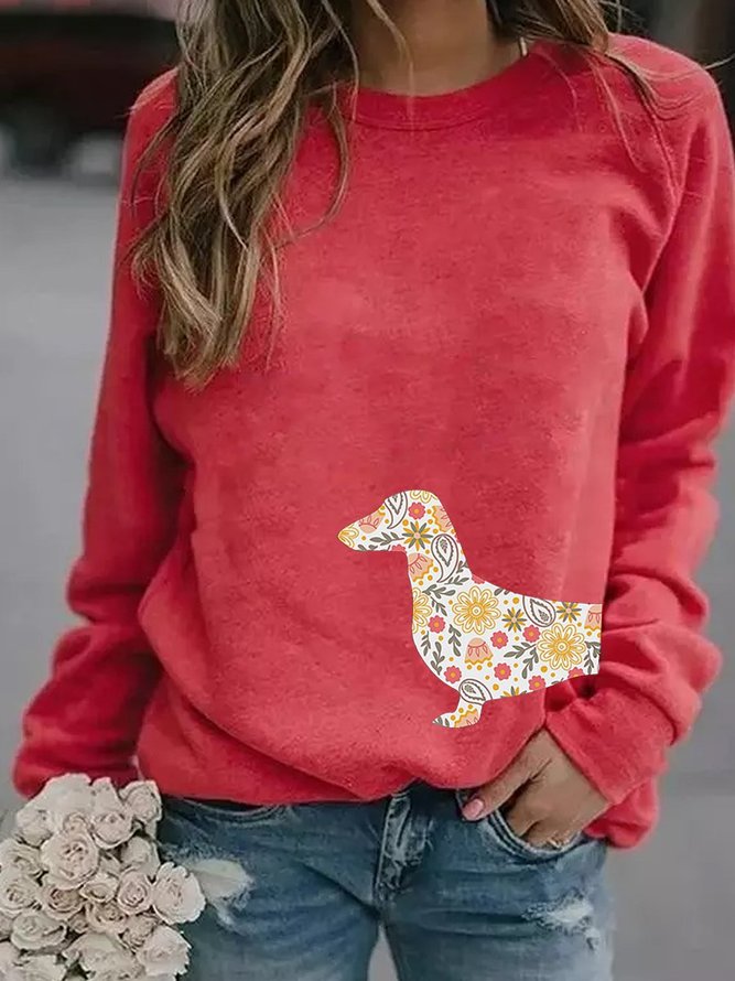 Floral puppy Casual Crew Neck Cotton-Blend Woman's Hoodie