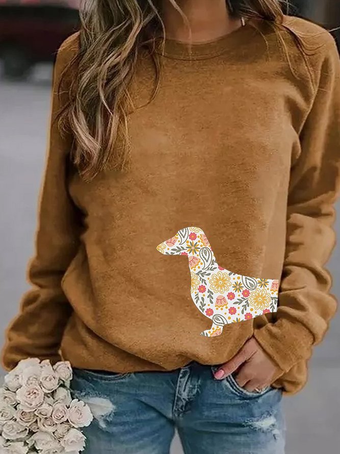 Floral puppy Casual Crew Neck Cotton-Blend Woman's Hoodie