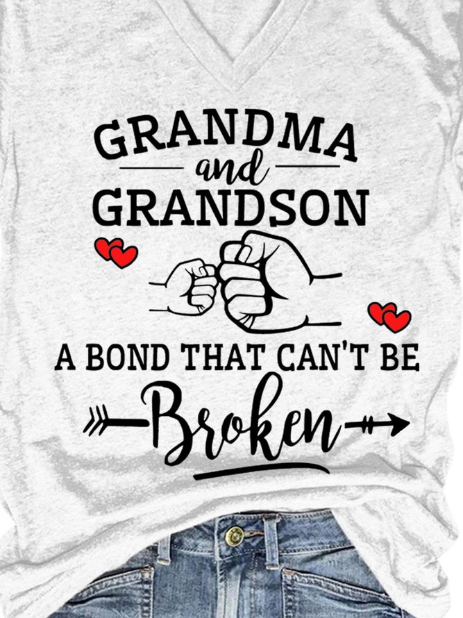 Grandma and Grandson A Bond That Cant Be Broken Graphic Short Sleeve V-Neck Tee