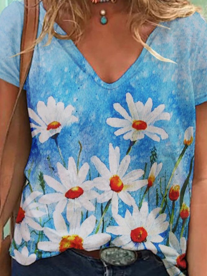 Blue Daisy Print Women's T-Shirt
