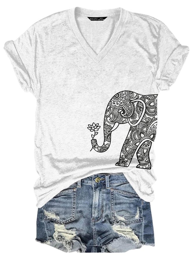 Elephant Floral V Neck Animal Casual Short Sleeve Woman's T-shirt