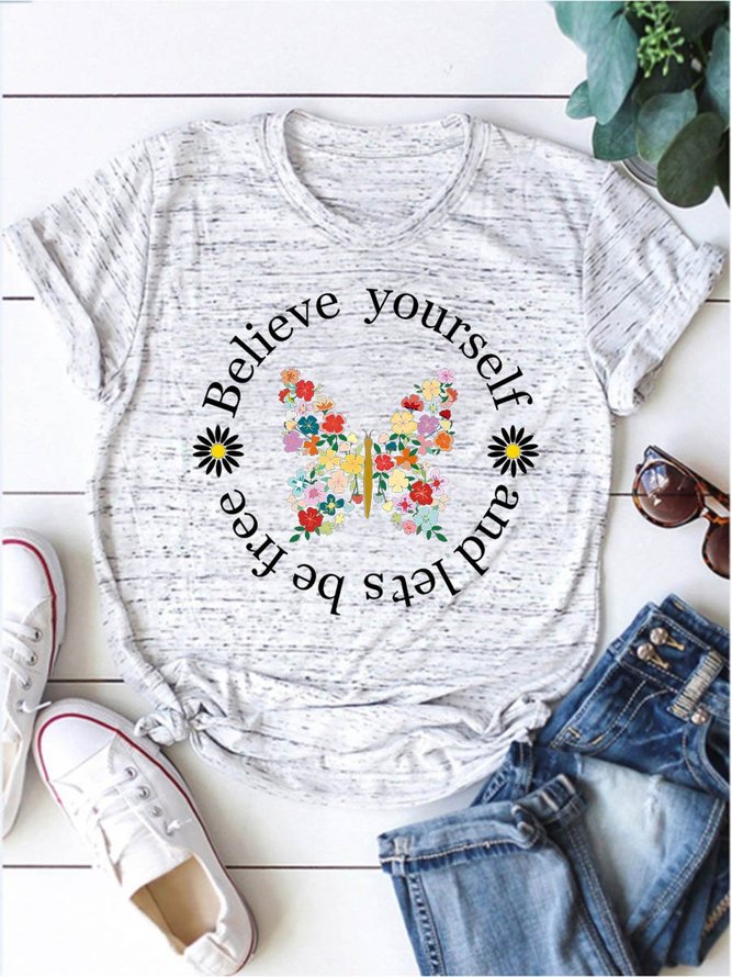 Floral Butterfly Graphic Short Sleeve Round Neck Loose Tee