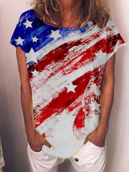 Women American Flag Star Printed O-Neck Short Sleeve T-Shirs Top