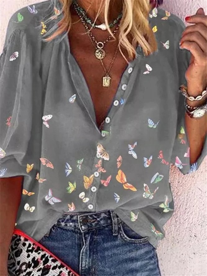 Colorful Butterfly Print Long Sleeve Shirt