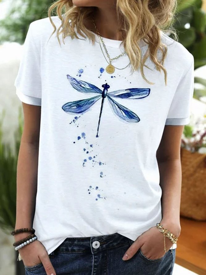 Women Dragonfly Printed Graphic Casual Short Sleeve Shirt Top