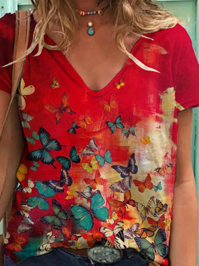 Women Butterfly Painting V Neck Casual Red T-shirt Top