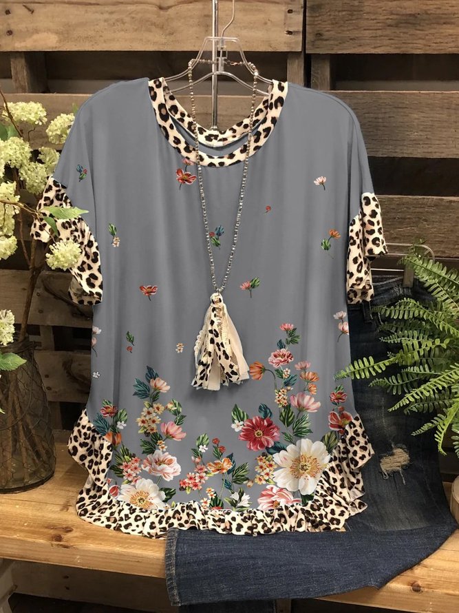 Floral Graphic Short Sleeve Round Neck Casual Leopard-Print Stitching ...