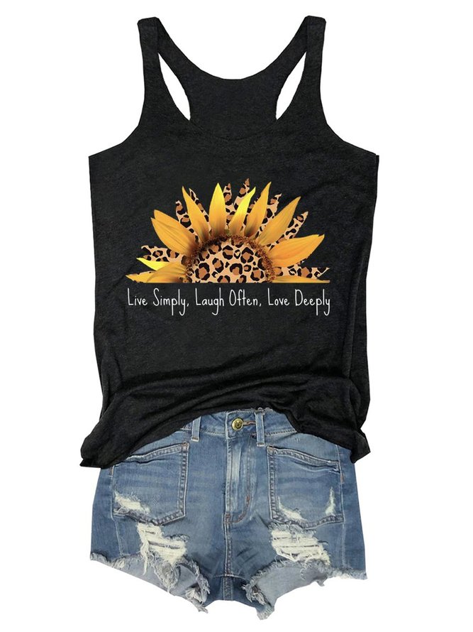 Live Simply Laugh Often Love Deeply Leopard Print Sunflower Graphic Vest Top