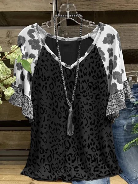 Cotton-Blend Casual V Neck Leopard-Print Shirts & Tops