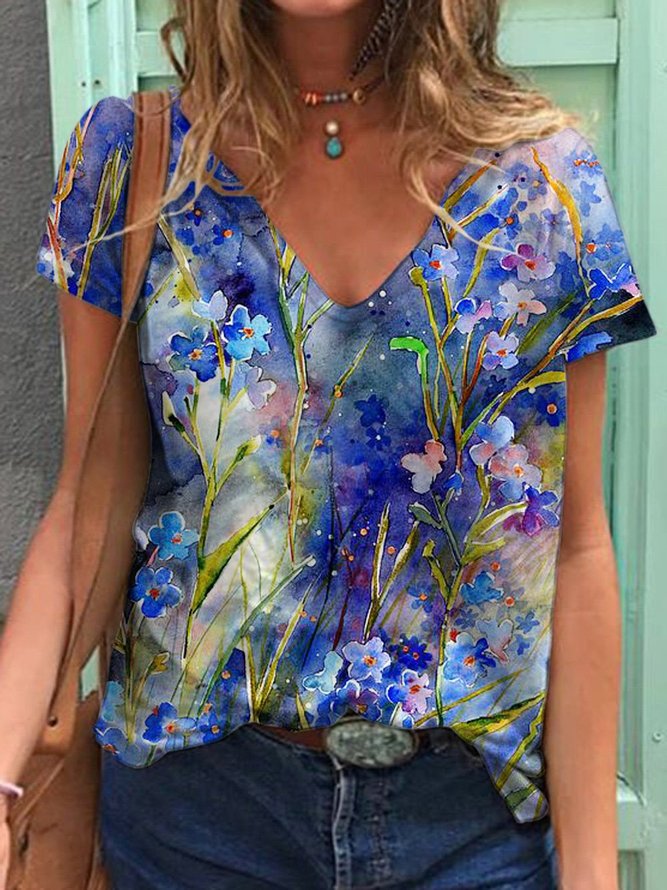 Watercolor Forget-me-not Graphic V-Neck Loose Tee