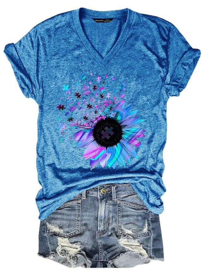 Puzzle Sunflower Casual Floral Short Sleeve Women Tee
