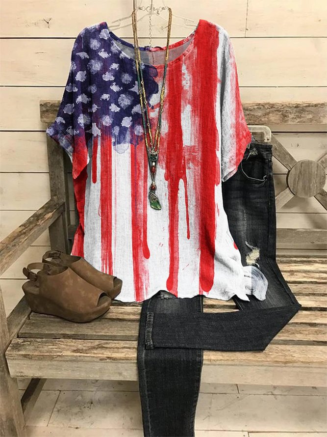 American Flag Graphic Round Neck Short Sleeve Loose Top