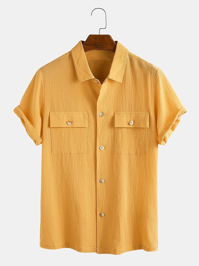 Mens Linen Double Pockets Short Sleeve Designer Shirts | lilicloth