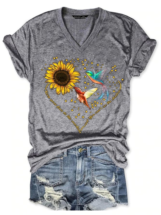 Sunflower Hummingbird V Neck Animal Casual Short Sleeve Woman's T-shirt