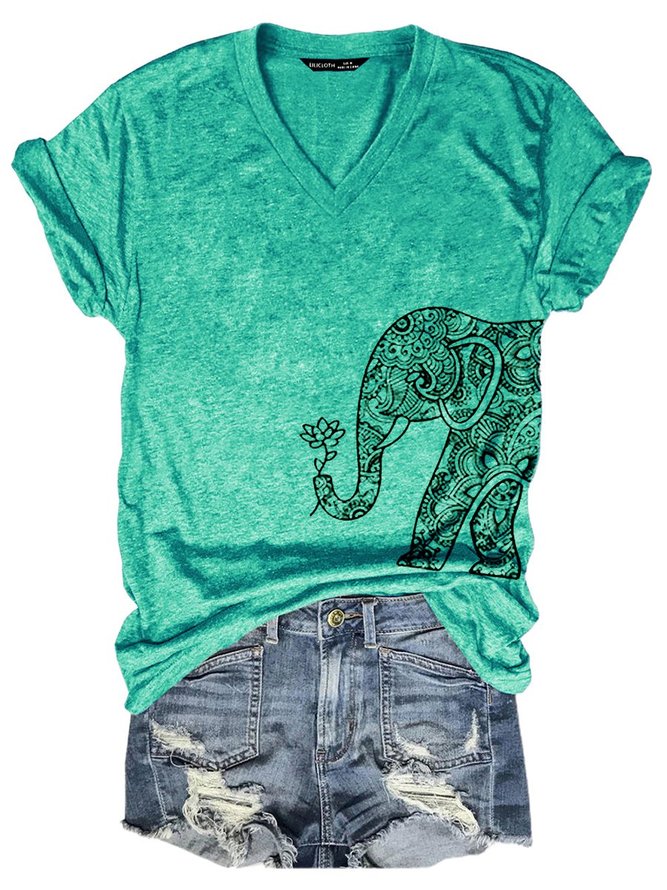 Elephant Floral V Neck Animal Casual Short Sleeve Woman's T-shirt