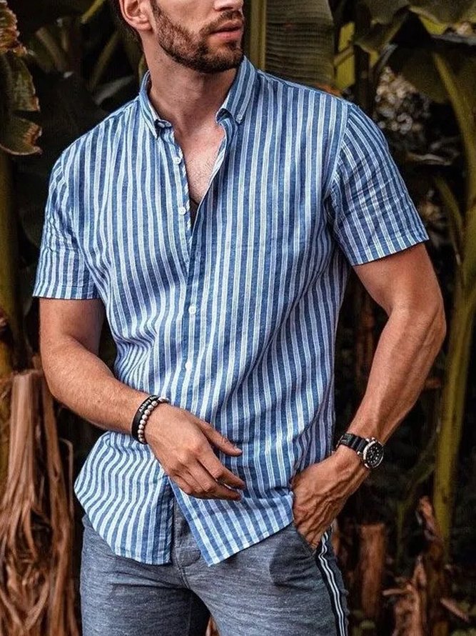 Men Stripe Shirt Casual Blue and White Short Sleeve Summer Top