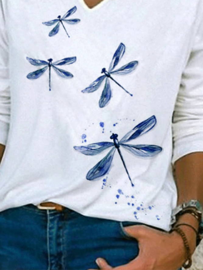 Dragonfly Printed Shirt V Neck Casual Long Sleeve White Top