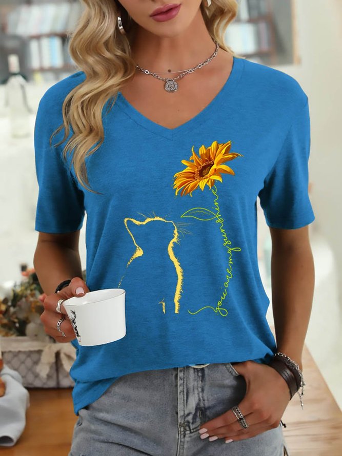 Cat You Are My Sunshine Sunflower Women V Neck T-Shirt Top