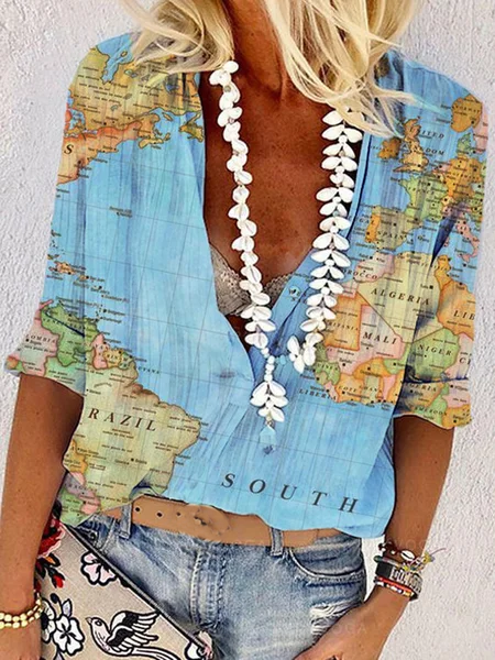 Casual 3/4 Sleeve Printed V Neck Tops