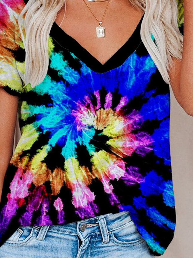 Tie-dye Hippie Holiday Style V-neck Short-sleeved Tee